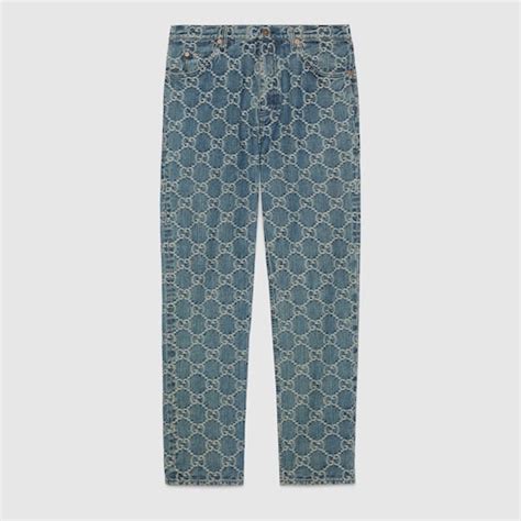 Pantalon en denim à jacquard GG en bleu et blanc 